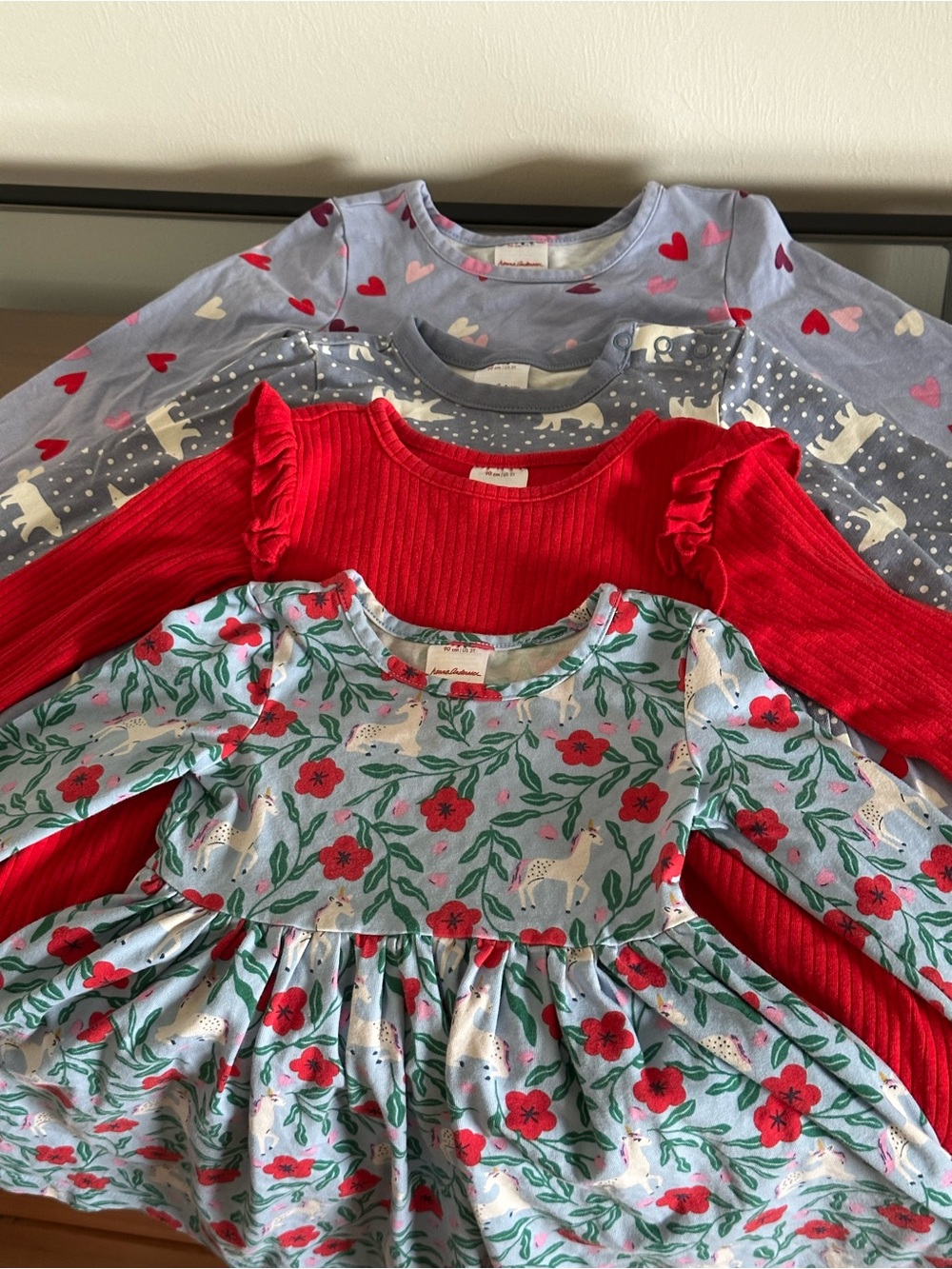 Lot of 4 Hanna Andersson Girls Red Floral Unicorn Long-Sleeve Dresses size 3T